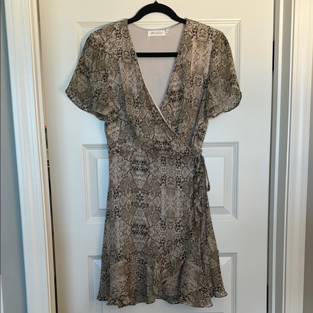 All in Favor Tan/Brown/Cream Flutter Sleeve Wrap Mini Dress